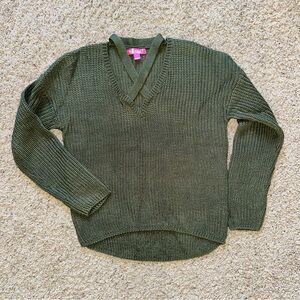 Women's Dark Green Crew Neck Sweater Criss Cross Knit Large L